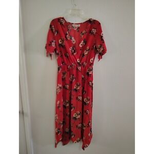 Magnolia Skye Red Floral Polka Dot Midi Dress Short Tie Sleeve Sharkbite Hem M